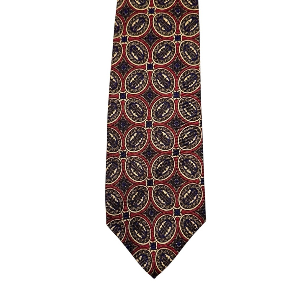 VTG Polo Ralph Lauren Mens Tie Silk Burgundy Blue Geometric Foulard 57x3.5” USA
